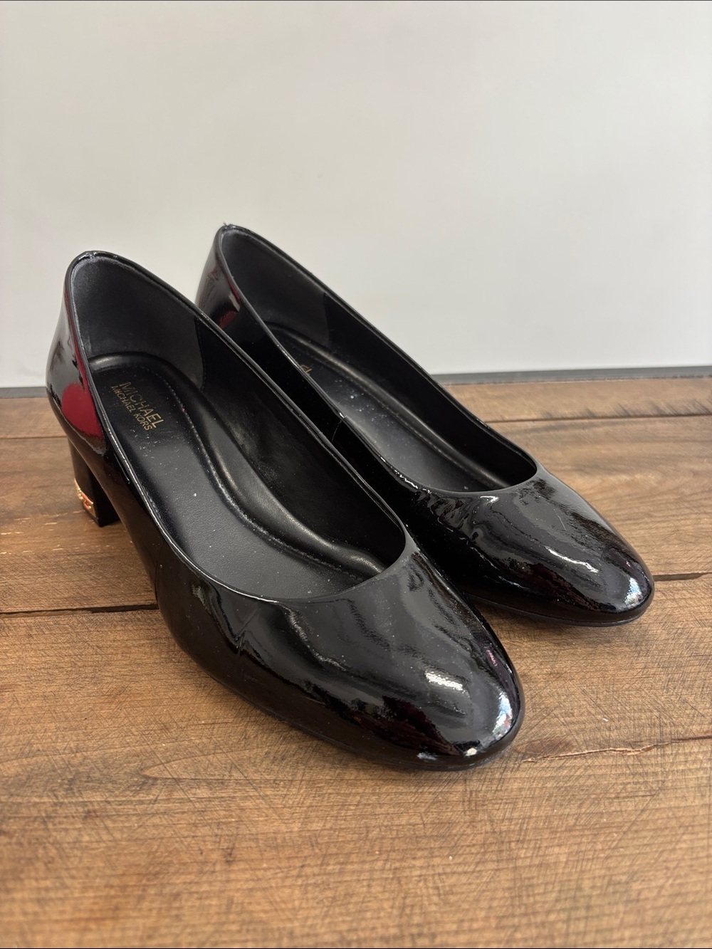 MICHAEL Michael Kors Black Patent Leather Low Block Heel Pumps